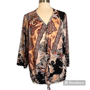 Dressbarn 2X Multicolor Brown Floral Tie Front Roll Tab Sleeve Blouse Top